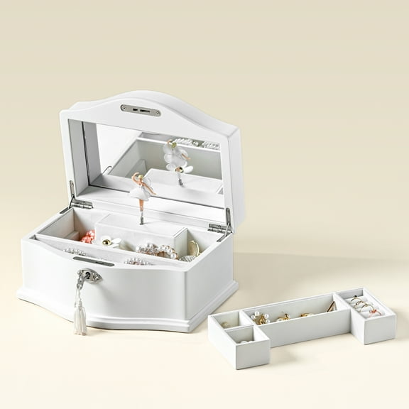 Kids Musical Jewelry Box with Lock and Mirror, Wooden Jewelry Organizer with Spinning Ballerina and You Are My Sunshine Music, Home Decor & Gifts for Girls