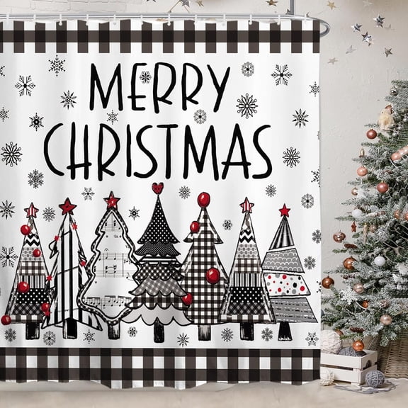 Black and White Buffalo Plaid Christmas Shower Curtain Merry Christmas Trees Snowflakes Fabric Bathroom Decor with Hooks 71x71 inches