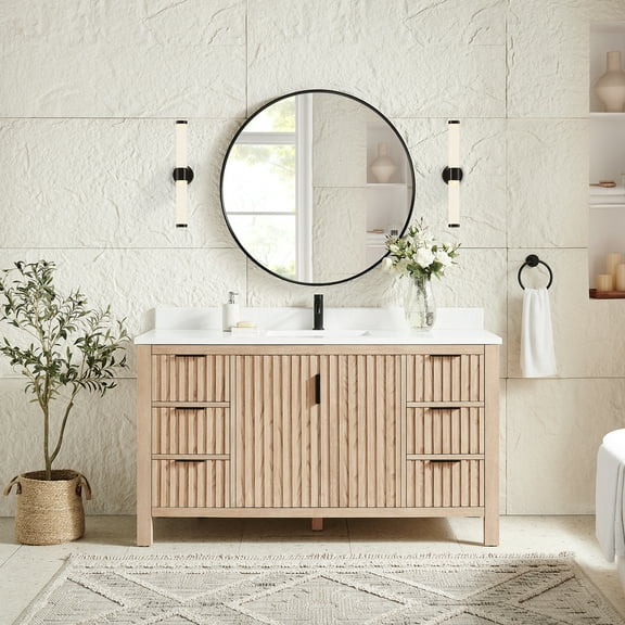 Shenzhen 60" Single Bath Vanity in Aged Natural Oak with Composite Stone Top
