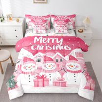 Manfei Cartoon Xmas Snowman 7-Piece Bedding Comforter Set,Pink Christmas House King Bedding Sets,Happy New Year Bed Sheets For Kids,Super Cozy Room Decor Reversible