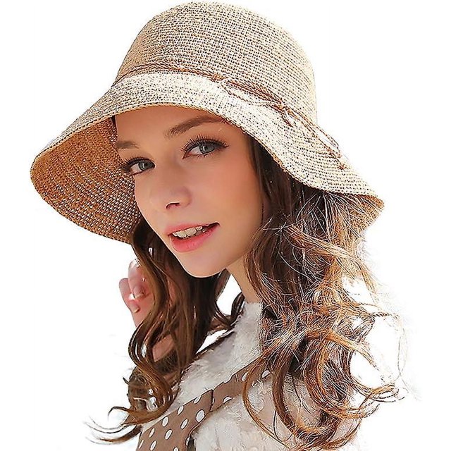 Yjmei Sombrero de paja para mujer, gorro de playa antirrayos UV de verano, gorro plegable para viajes, pesca y senderismo
