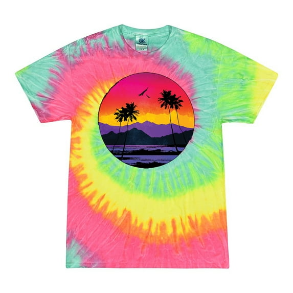 Wild Bobby, Tropical Paradise Beach Sunset, Streetwear, Tie-Dye Tees, Minty Rainbow, Large