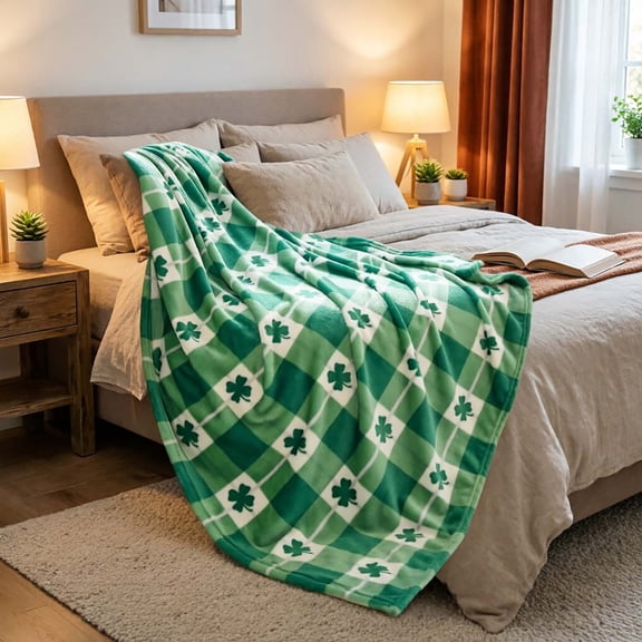 Clover Plaid Throw Blanket for Couch or Bed, Soft Flannel Warm Cozy Decor Cover, Washable Blanket for Indoor Use.