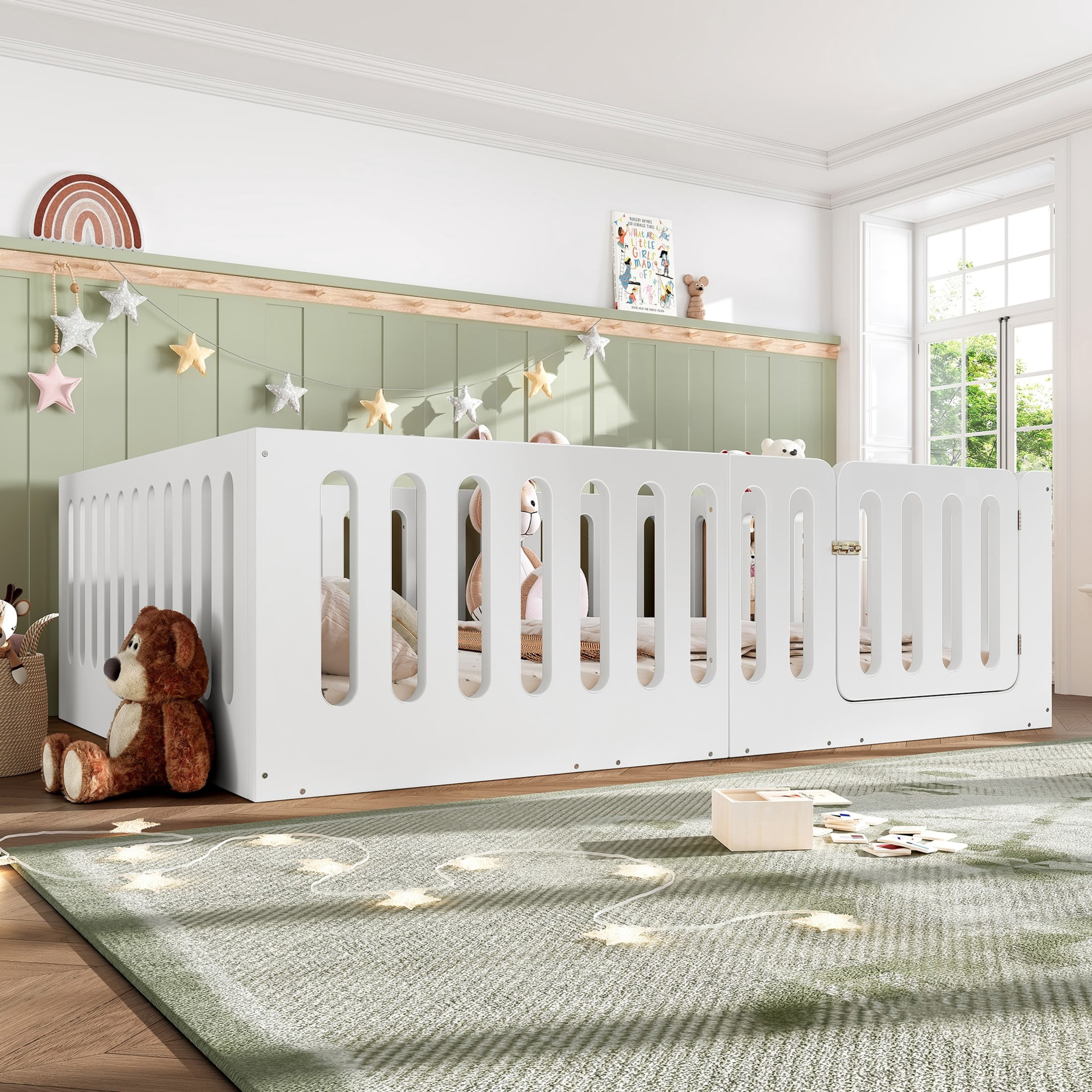 GDF Studio Queen Size Montessori Floor Bed with High Guardrails & Door, Low-Profile Design, White