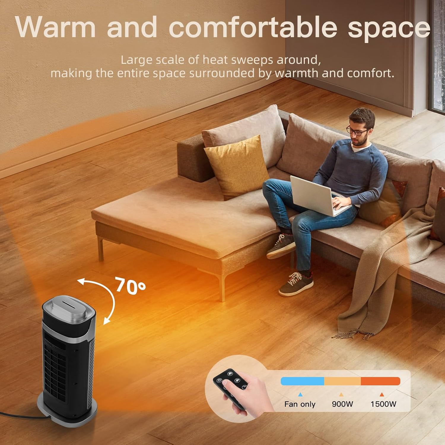 1500W PTC Ceramic Space with Humidifier - 70 ° Oscillation, Remote Control, Mode, Timer, and Tip-Over - Quiet and Efficient for Home or Office