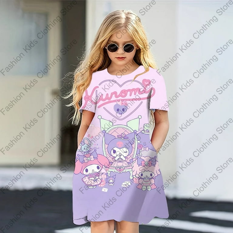 MINISO Girls Hello Kitty Dress Cartoon Cute My Melody Cinnamoroll Print Women Dresses Girls Short Sleeve Princess Dress Clothing