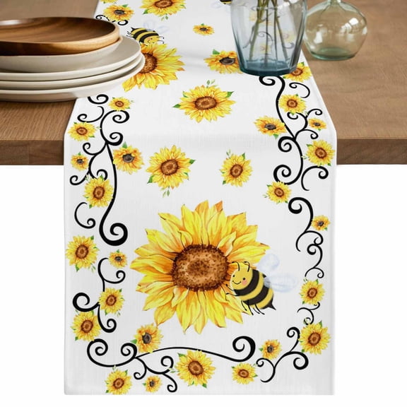 Table Runner 48 Inches Long for Kitchen Dining, Sunflower Bees Dresser Scarf Farmhouse, Dining Table Decorations for Wedding/Parties, Spring Summer Farmhouse Floral Watercolor 13 x 48 In