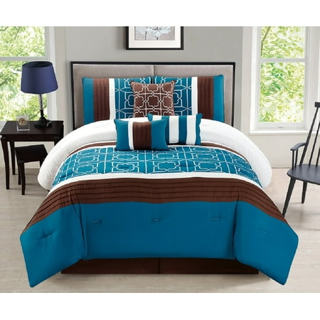 Wpm 7 Pieces Complete Bedding Ensemble Brown Turquoise Blue White