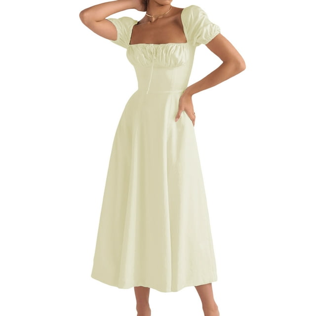 ZAXARRA Women's Summer Long Dress Solid Color Short Sleeve Square Neck Ruched Tie Up Party Dress