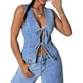 thumbnail image 3 of Women Denim Vest Deep V Neck Tie Up Front Sleeveless Jean Tank Top Low Cut Tight Fit Fashion Cropped Vest Light Blue XL, 3 of 7
