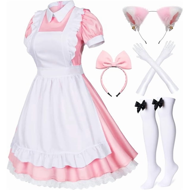 Conjunto de 6 piezas de delantal de sirvienta francesa Lolita de Anime japonés, disfraz de cosplay, guantes, sombreros y calcetines