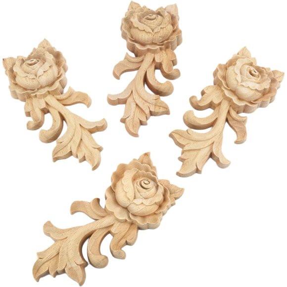 shiyou-Rose Wood Carved Appliques Onlay, 4-Pack Unpainted Wooden Mini Decals for Cupboard Cabinet Wall Dresser Bed Mirror Mantels Fireplace Wardrobe Decor(15x6.5cm/5.91x2.56in)
