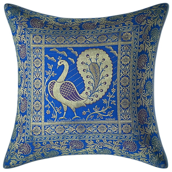 Stylo Culture Indian Decorative Brocade Turquoise And Gold Throw Pillow Covers 16x16 Jacquard Weave Banarasi Sofa Throw Pillow Covers Dancing Peacock Floral 40x40 cm Cushion Covers (1 Pc)