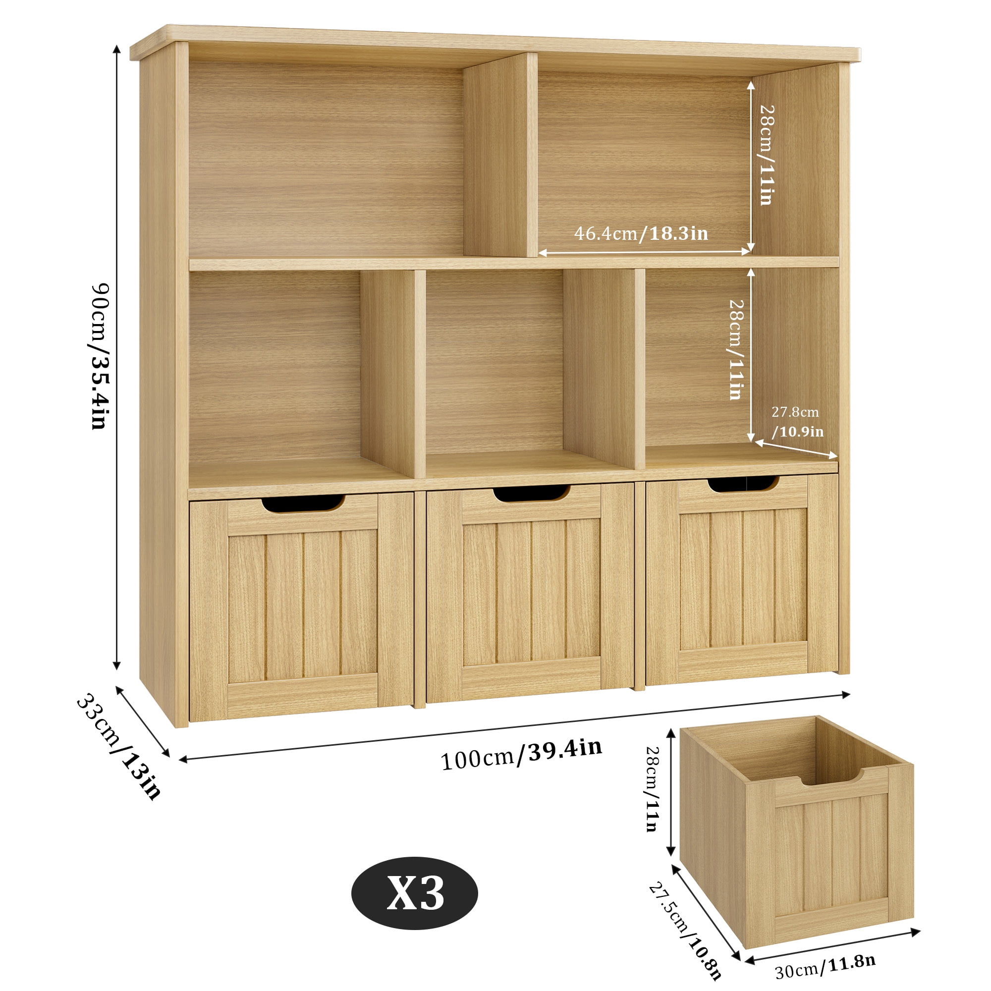 Homfa Toy Storage Organizer with 3 Movable Drawers, 5 Cube Kids Bookcase for Playroom, Storage Cabinet for Living Room, Natural Finish