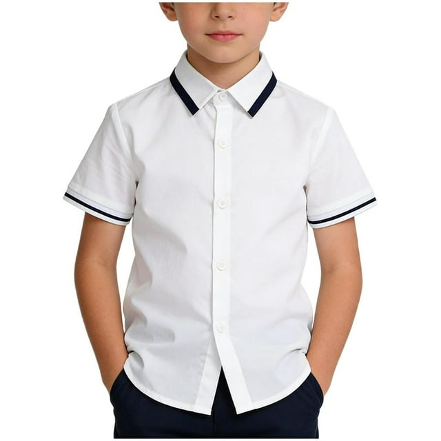 Tauxra Short Sleeve School Uniform for Men, Formal Polyester Cotton Blend Shirt with Contrast Collar for Everyday Wear, Easy Care Button Down Shirt for Work^
