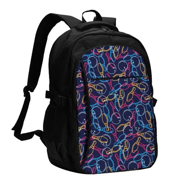Balery Multicolor Bowling Mochila con carga USB para hombre y mujer - Mochila impermeable y antirrobo para portátil con puerto USB para viajes, trabajo, estudios y universidad
