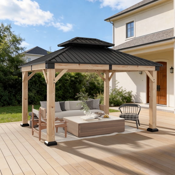 Sunmthink 10'x12' Outdoor Hardtop Gazebo, Cedar Wood Pavilion with Galvanized Steel Double Roof, for Patio, Garden, Deck
