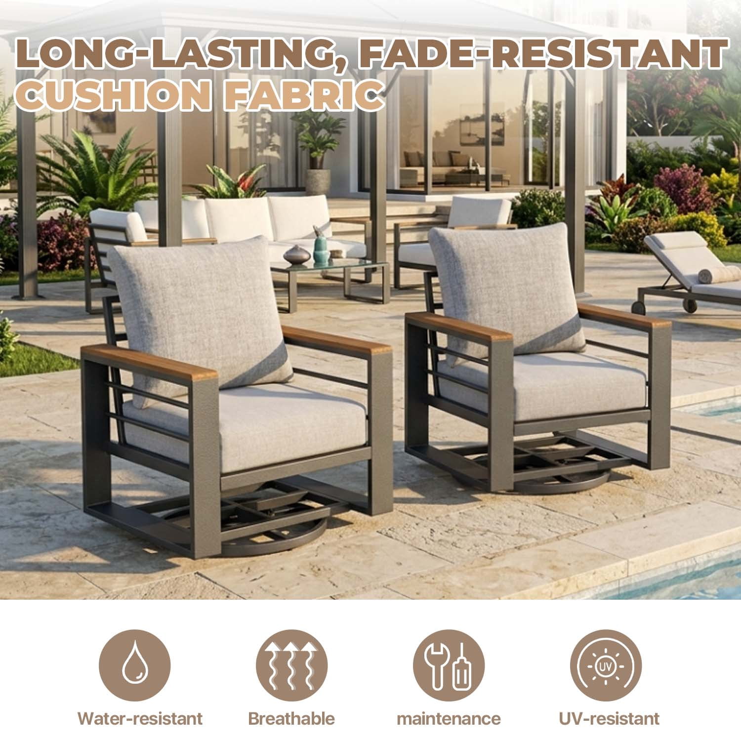 BaPiPro 2PCS Outdoor Swivel Patio Chairs, All Aluminum Frame with Wood-Look Armrest, 24 Inch Extra Wide Seat Fade Resistant Cushioned Single Sofa Chairs for Backyard Pool, Light Gray