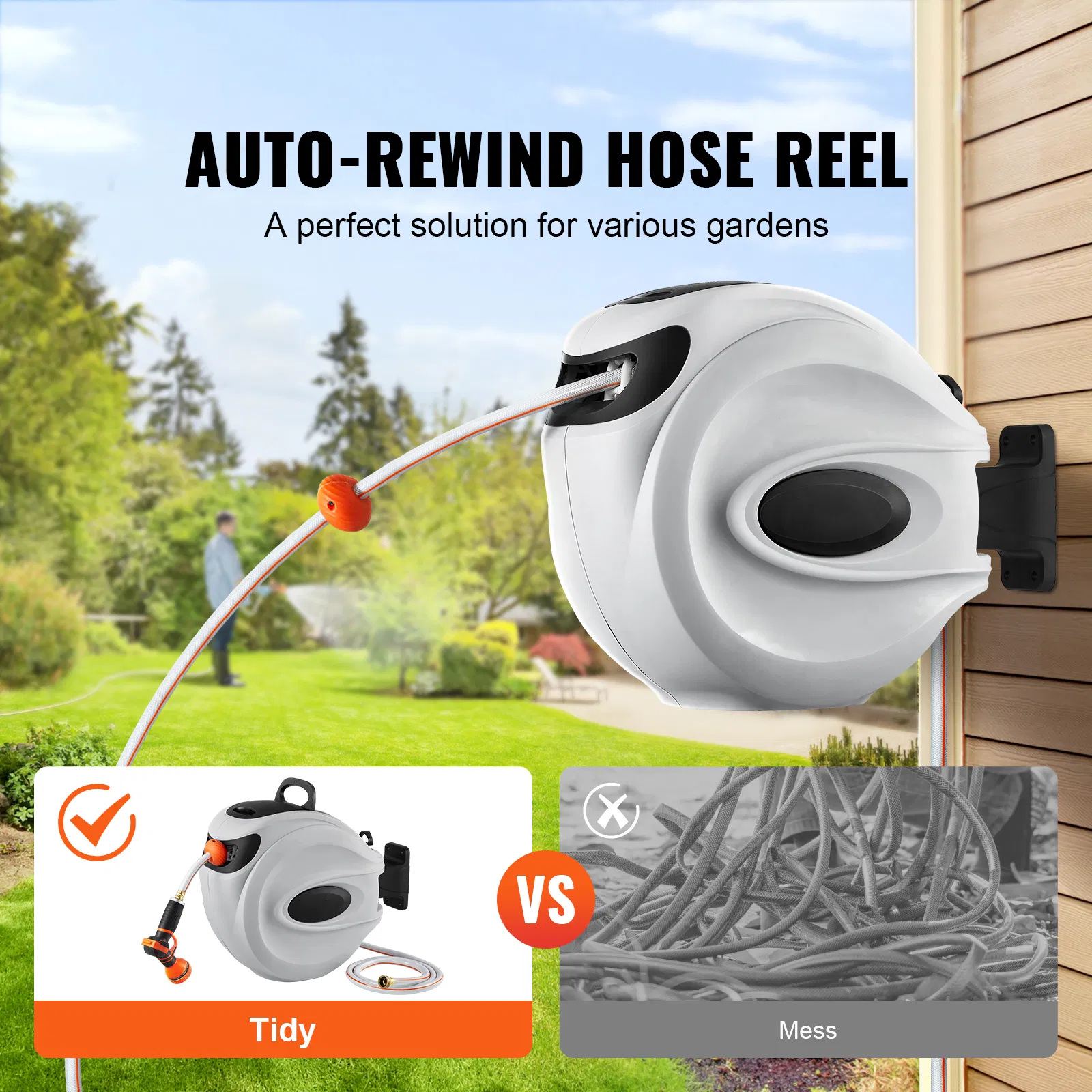 Retractable 65 ft Garden Hose Reel with 180° Swivel Bracket,9-Pattern Nozzle,Automatic Rewind,Lock at Any Length,and Slow Return System