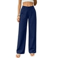 thumbnail image 3 of Women's & Women's Plus Straight Leg Pants, Button Zip Closure Solid Pants with Side Pockets, Lounge Business Casual Office Wear | VerBelle,Blue 2XL, 3 of 7