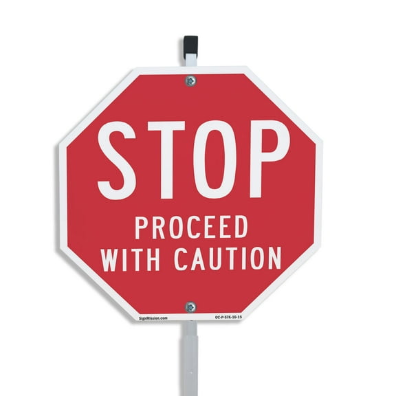 Stop Proceed with Caution 10 inch X 10 inch Octagon Plastic Sign with Aluminum Mounting Stake Weather Resistant UV Protected for Workplace Private Property and Construction Site Made in