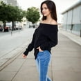 thumbnail image 3 of Women's Off-Shoulder Ribbed Knit Sweater with Long Sleeves - Medium, Black, 3 of 6