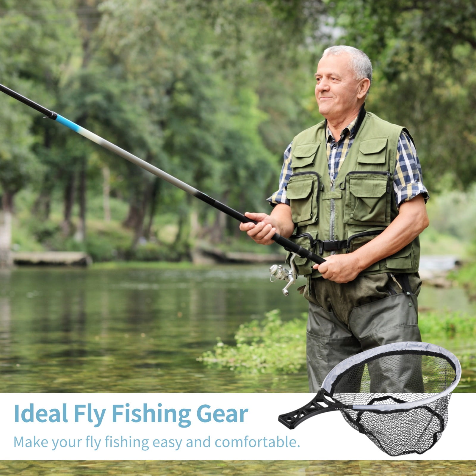 Folding Fly Fishing Net, Foldable Landing Trout Net with Tackle Bag, Lightweight Rubber-coated Mesh Net with Non-slip Handle, Fly Fishing Gear for Beginners