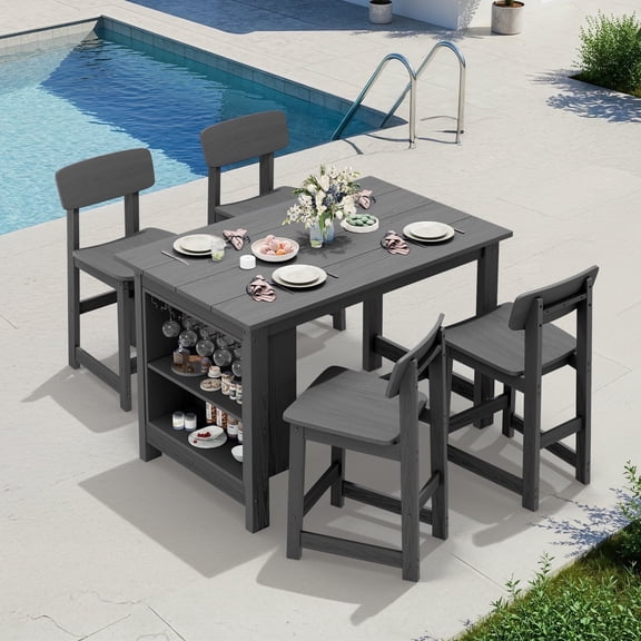 SERWALL 5-Piece Outdoor Bar Sets, All Weather Patio Bar Table and Stools, High Top Table with Storage Shelf & Wine Rack, Bar Height Patio Set for Garden, Backyard, Poolside, Home - Grey