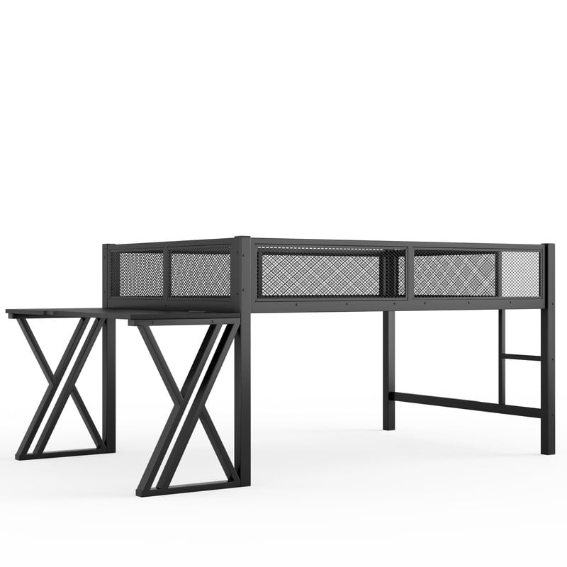 Full Gaming Loft Bed with Computer Desk of X-Shaped Legs, Metal Bed Frame with LED Lights, Charge Station & Mesh Guardrail