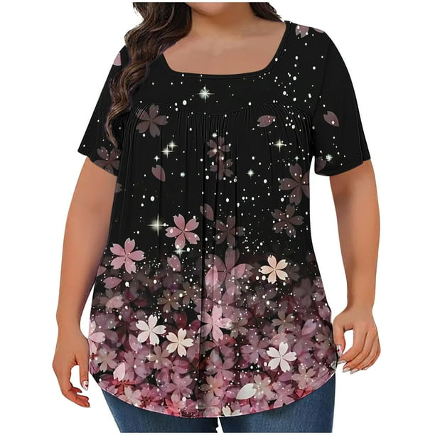 Tops Cortos para las Mujeres Impreso Cuello de Gran Tamaño Plisado Manga Corta Suelta Superior en Tamaños Más L-5xl