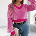 thumbnail image 7 of Sevevn Sweaters for Women Women's Fashion New Winter Casual V-Neck Striped Lantern Sleeve Pullover Navel-Exposed Sweater Christmas Gift, 7 of 7