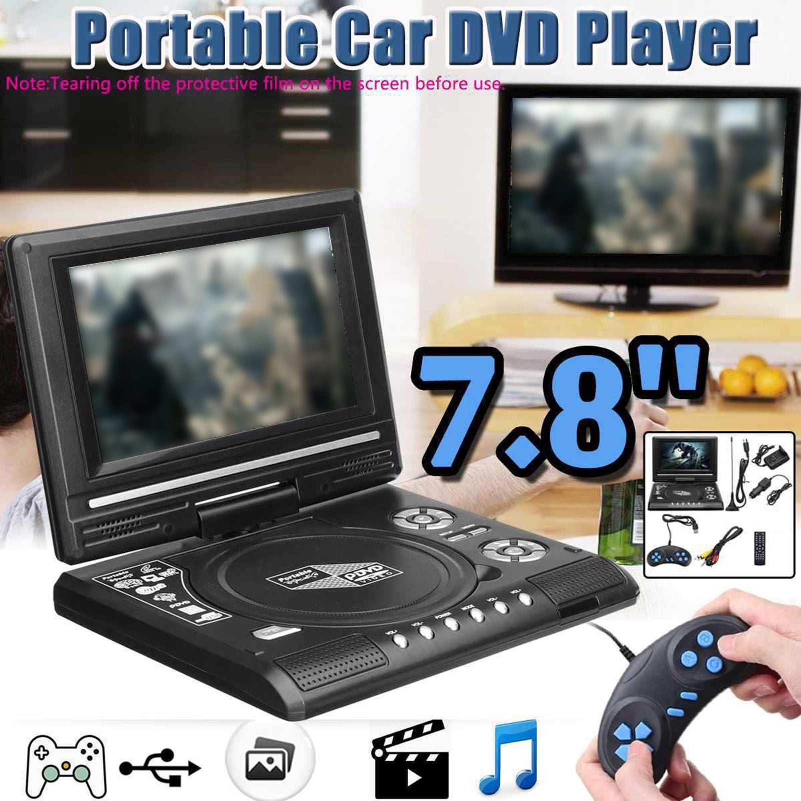 Manunclaims 7.8 Inches DVD Player Rechargeable USB Port 180 Degree Rotation LCD Widescreen