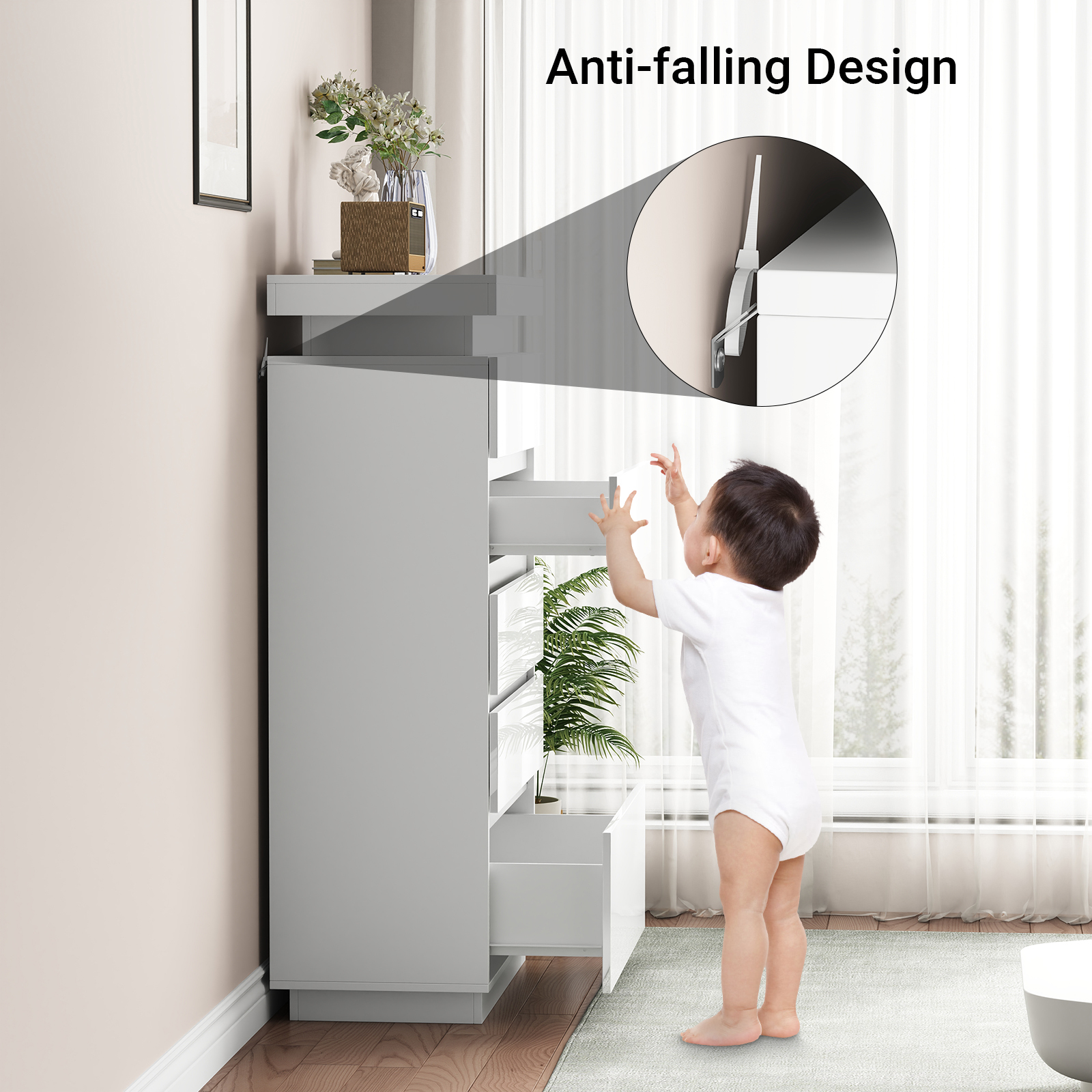 6 Drawers Dresser, Modern Tall Dresser for Closet with Adjustable LED Lights, High Gloss Chests of Drawers, Wood Storage Cabinet for Bedroom, Entryway, Living Room, Dressing Room, White