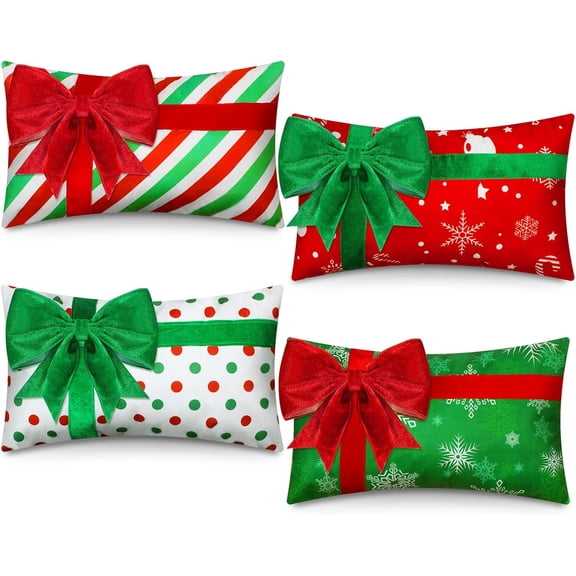 Christmas Pillow Covers 12 x 20 Inch Set of 4 Farmhouse Xmas Throw Pillow Cases Gift Box Style Red Green White Snowflake Bow Decoration for Couch Holiday Sofa Cushion Decor