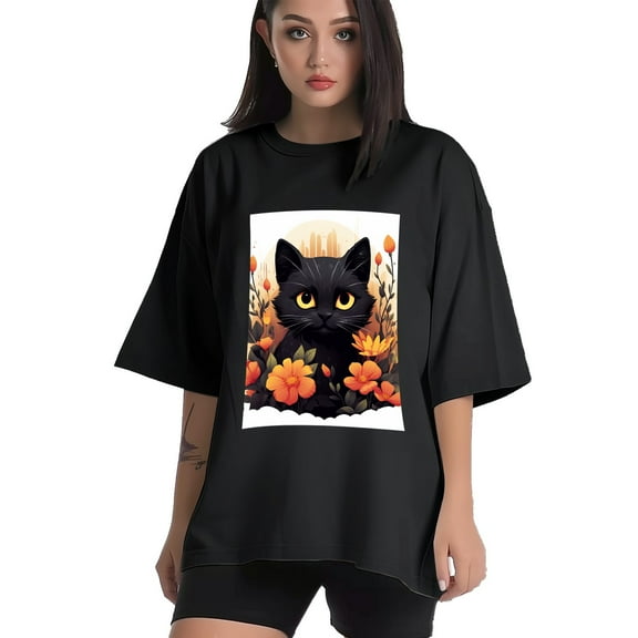 Plus Size Shirt for Women Black Tops for Women Short Sleeves Shirt for Women Cat 03 T Shirt Crewneck Shirt for Women XS