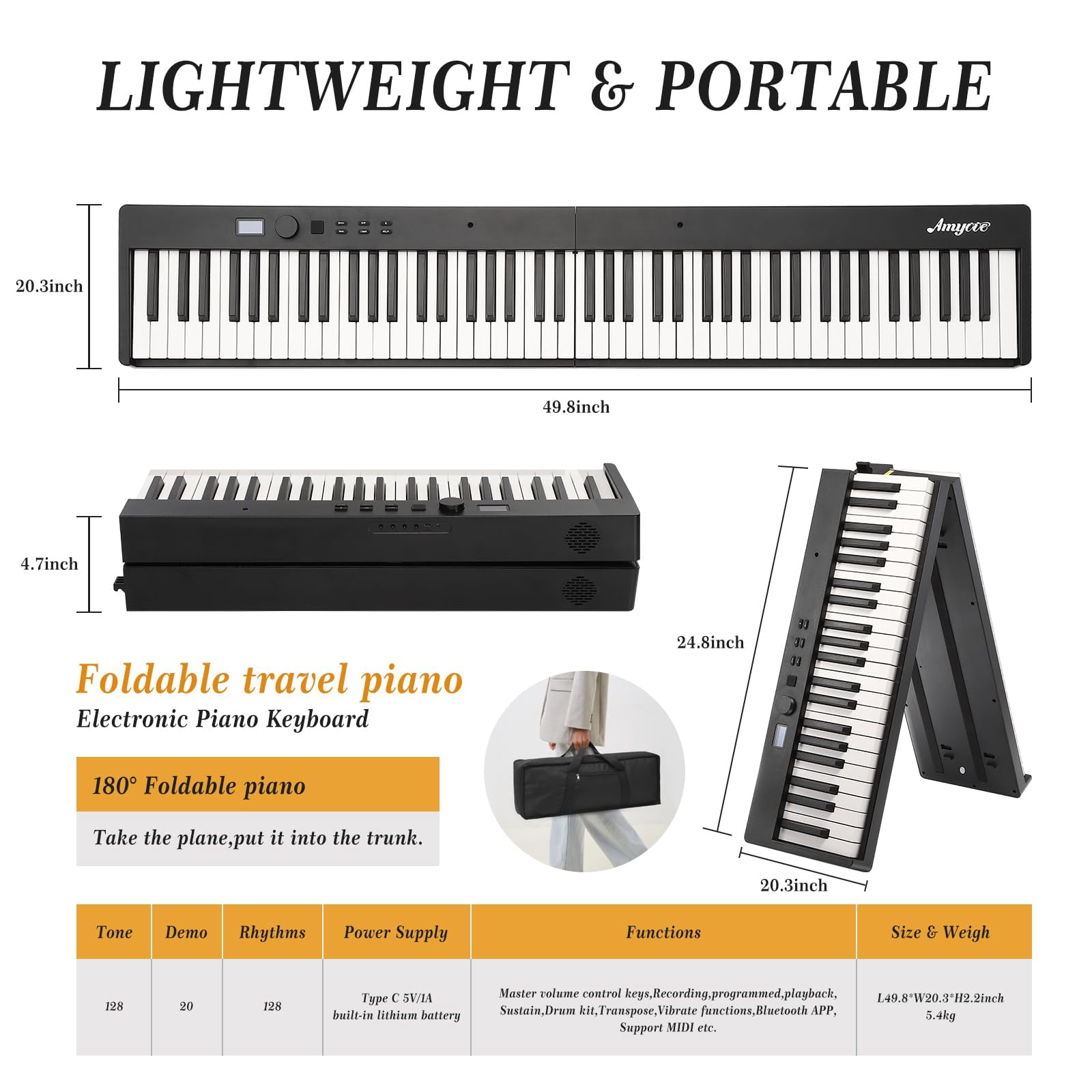 Juiluna Folding Piano Keyboard,Portable Piano Keyboard 88 Keys for Beginner,Full Size Digital Piano with Sus/tain Pedal,Headphones, Handbag, Blue/tooth, USB MIDI for Beginner,Kids,Adult