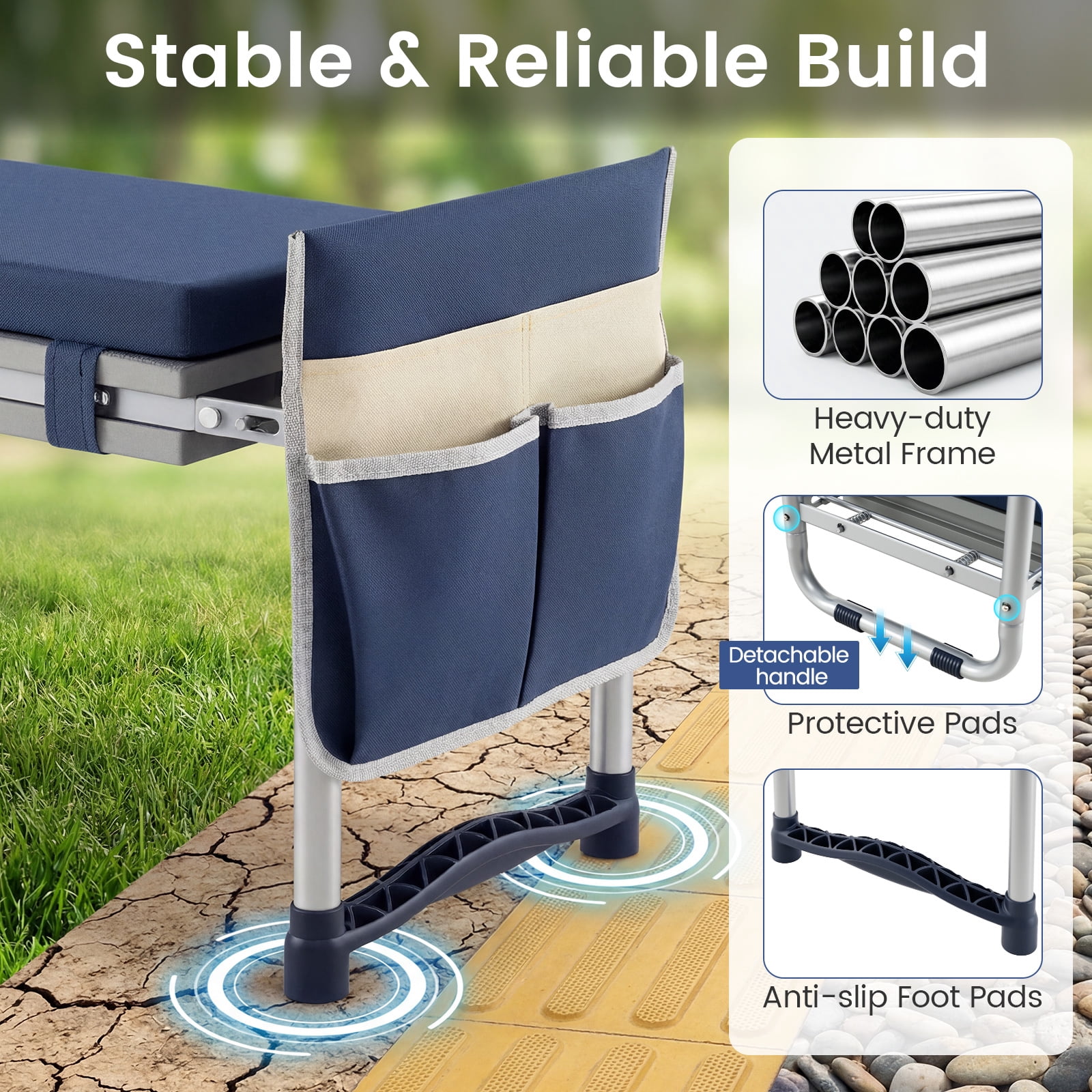Costway Garden Kneeler and Seat, Foldable Gardening Stool with Wide EVA Foam Padding Navy