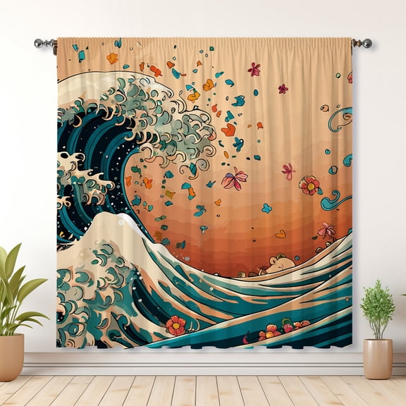 Japanese Style Curtains, Wave Print Blackout Curtains, Suitable For Room Bedroom Decoration(Rod pocket)