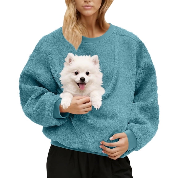 Women's Fleece Sweatshirt Long Sleeve Crewneck Solid Pullover Top Blue M