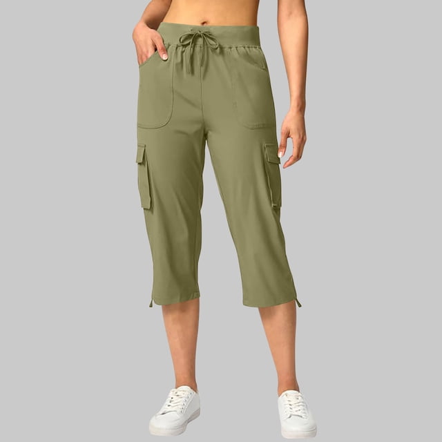 TaTaai Women's Elastic Waist Cargo Pants 7/8 Length Straight Leg Casual Trousers with Multiple Pockets Solid Color for Utility Work and Outdoor Casual Wear Gift