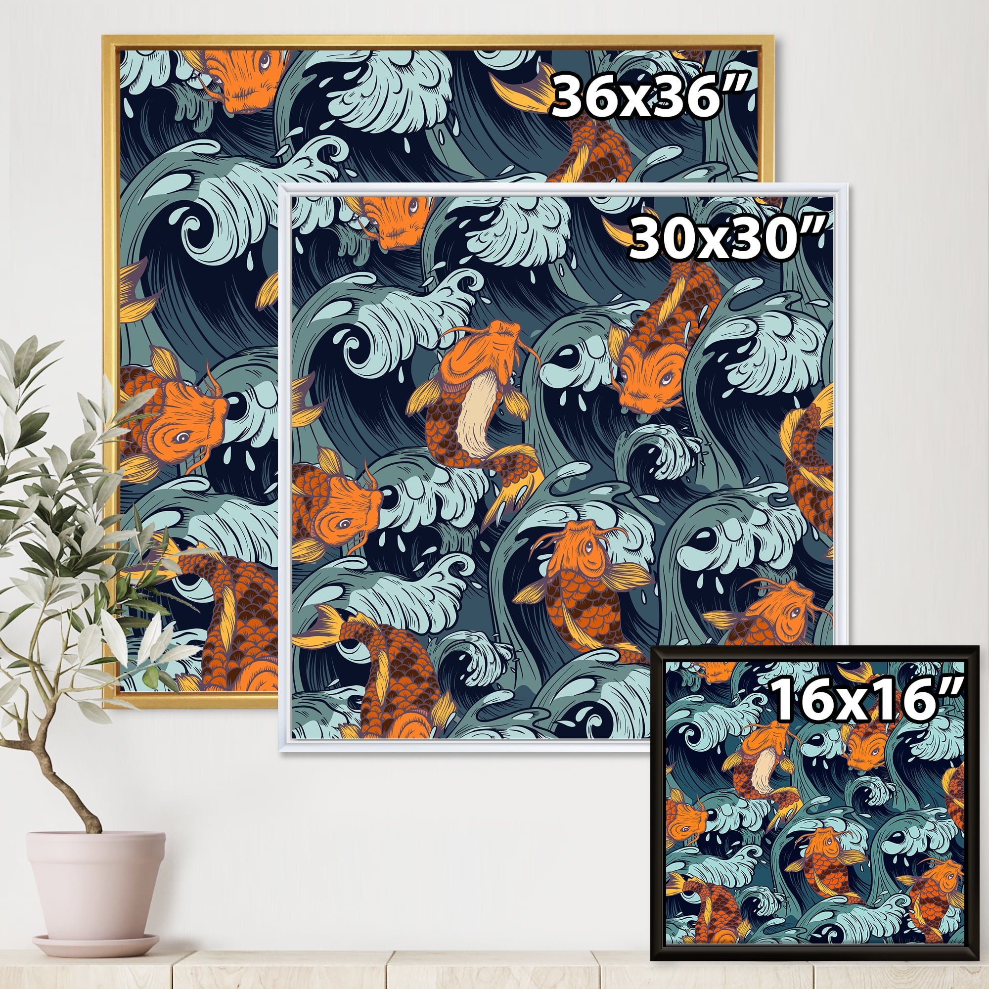 Designart 'Japanese Koi Fish on Sea Waves' Nautical & Coastal Framed Canvas Wall Art Print