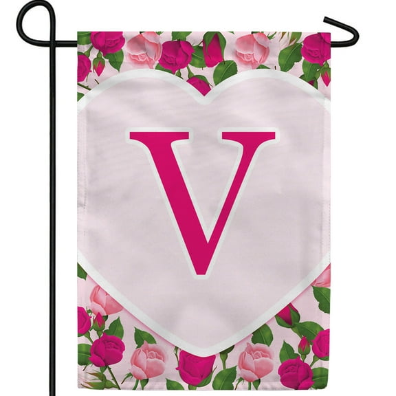 America Forever Flags Monogram Letter V Garden Flag - Pink Roses - 12.5 x 18 Inches, Happy Valentine's Day Pink Roses Love Heart Double Sided Flag, Seasonal Yard Outdoor Holiday Décor