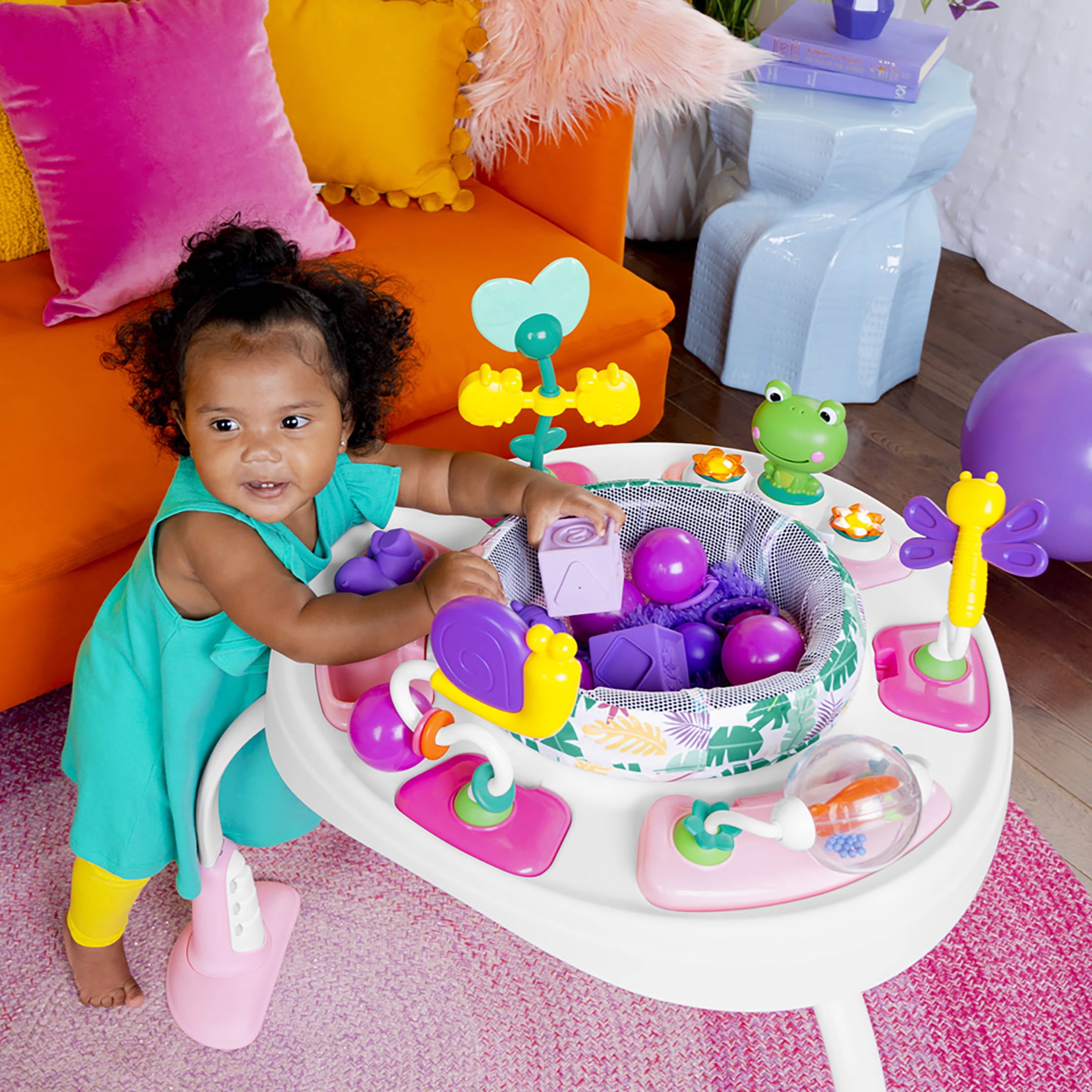 Bright Starts Bounce Bounce Baby 2-in-1 Activity Center Jumper & Table - Playful Palms Pink, 6 Months and up