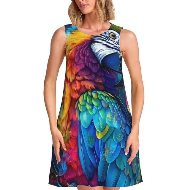 Balery Colorful Parrot Jungle Dream Vestidos de verano para mujer con estampado: vestido holgado sin mangas, vestido playero informal y cómodo para días calurosos.