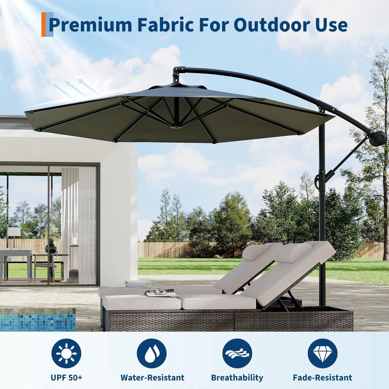 HELLONE 10FT Cantilever Umbrella outdoor patio, Offset Patio Umbrella with Easy Lift & Tilt Adjustment, UV Protection Fade Resistant for Deck, Pool, Garden, Grey