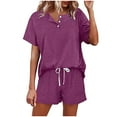 thumbnail image 2 of Riforla Women's Solid Color Short Sleeved Shorts Casual Set Button Drawstring Tie up Sportswear 2 Piece Sets Women Outfit XS, 2 of 5
