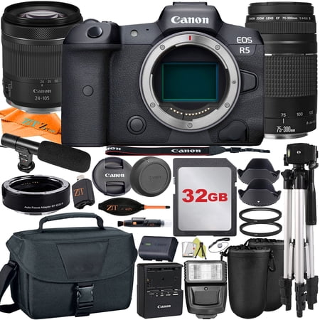 Canon EOS R5 Mirrorless Camera with RF24-105mm + 75-300mm Lens + Mount Adapter + 32GB Card + ZeeTech Accessory (International Version)