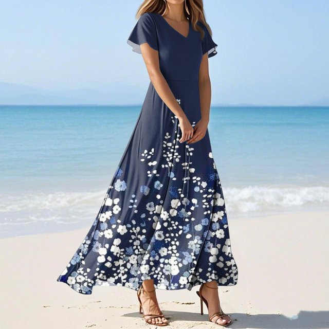 WILLBEST Vestido Casual De Verano Para Mujer, Vestido Vintage De Longitud Media Con Estampado Floral, Manga Corta Y Cuello En V Para Primavera 2779