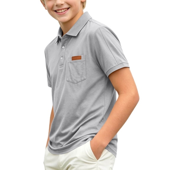 Mooqilaa Boys Polo Shirts Size 14-16, Summer School Uniform Casual Basic Short Sleeve Shirts Gray