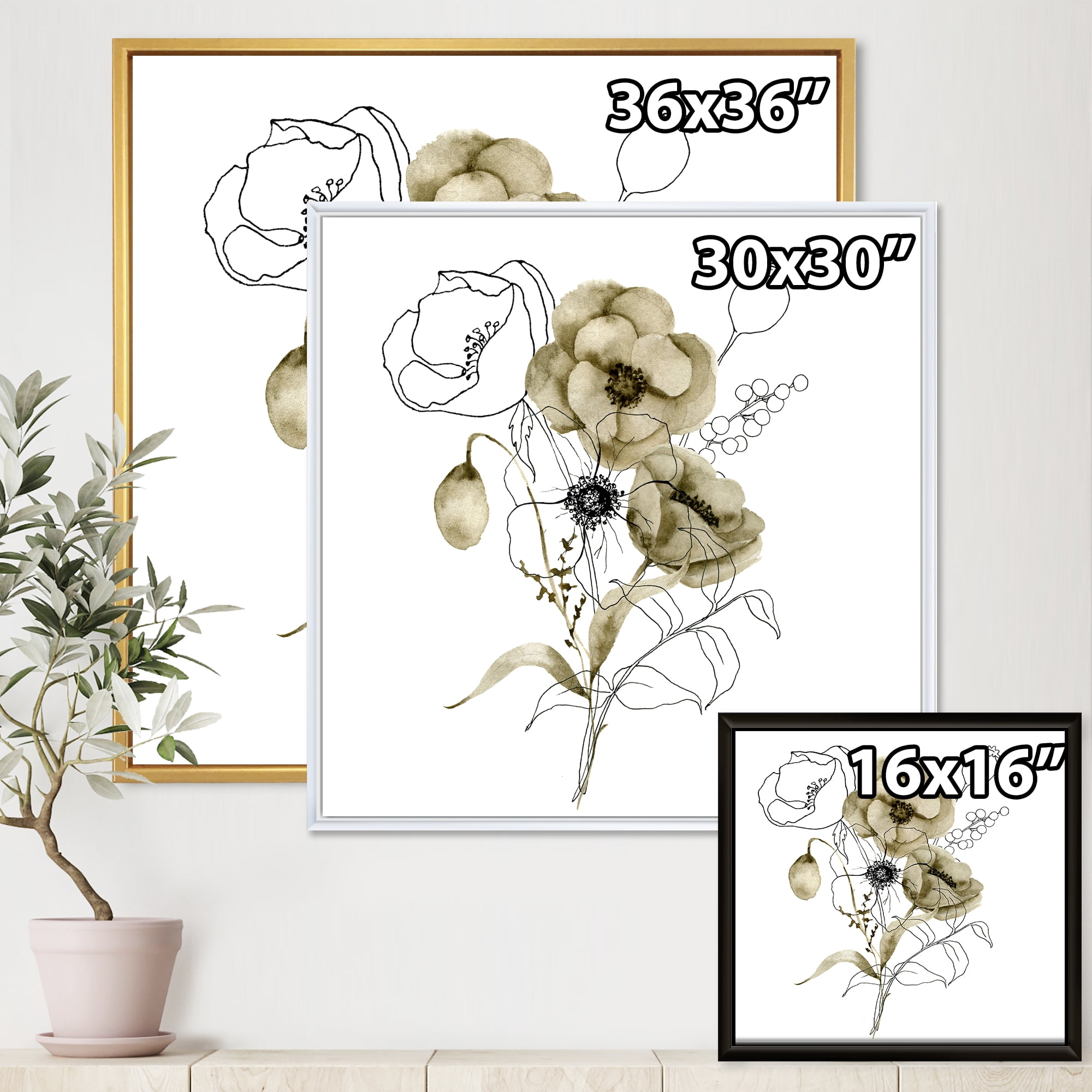 Designart 'Eucalyptus Branches With Anemone Bouquet Flower' Traditional Framed Canvas Wall Art Print